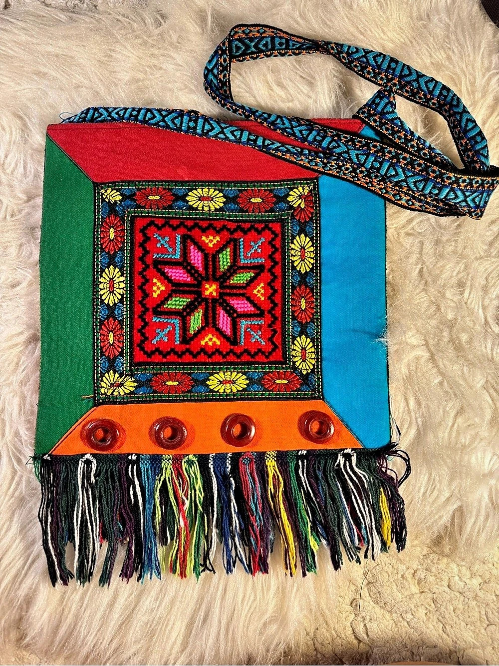 Mexican Artisan Embroidered Crossbody Bag with Fringe & Geometric strap